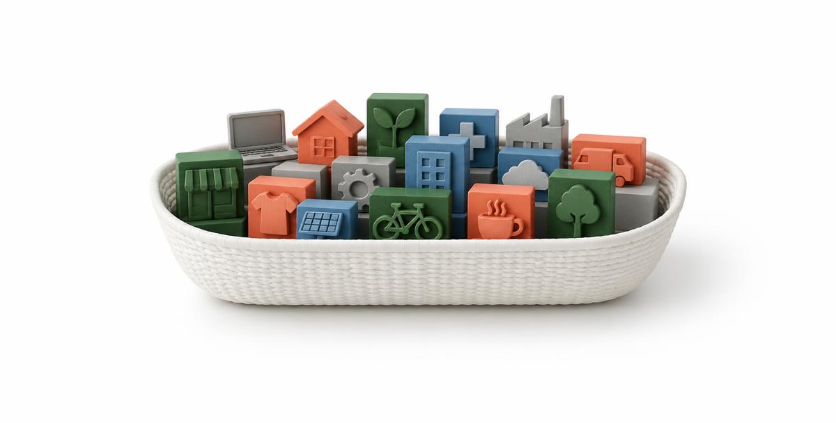 An illustrated basket of different businesses, showing the idea of owning a broad mix